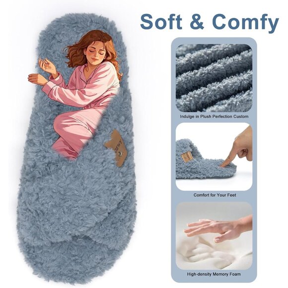 ⚡Women’s Blue Faux Fur Cozy Fuzzy Cross Band Slippers Indoor House Shoes - Picture 3 of 6